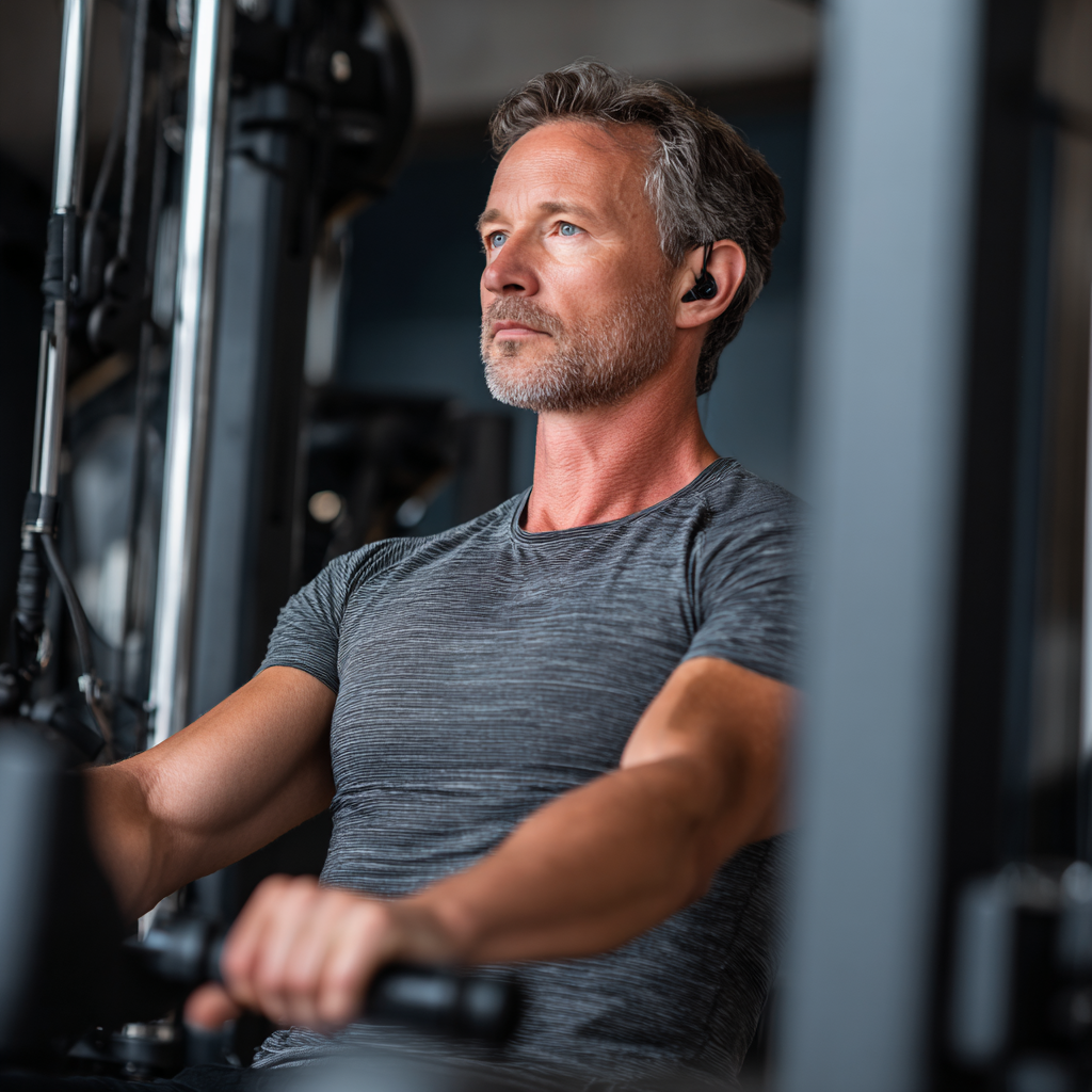 middle aged person exercising with professional equipment